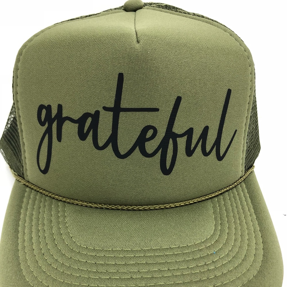 Grateful on olive green trucker hat